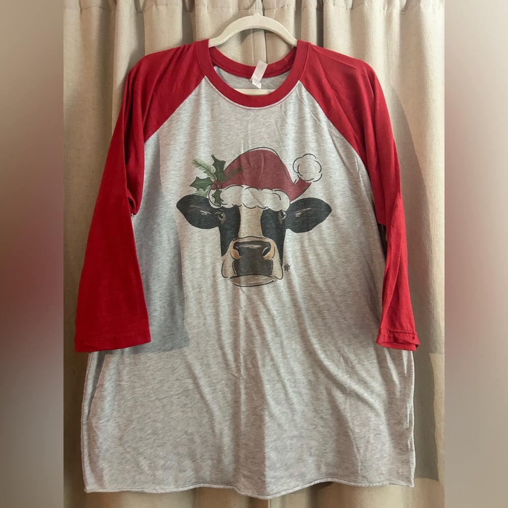Next Level Boutique Christmas Cow Graphic Baseball Tee Shirt Sz XL Xlarge